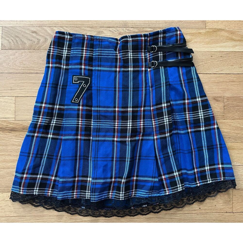 Y2K Blue Black & Red Tartan Plaid Mini Skirt Buckle Details Size Girls 14